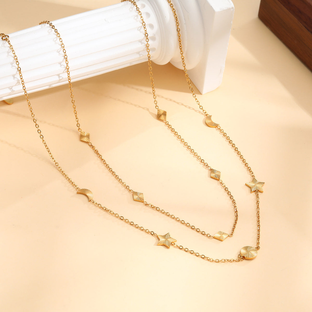 Stainless Steel Sun Moon Stars Geometric Gold Necklace Women