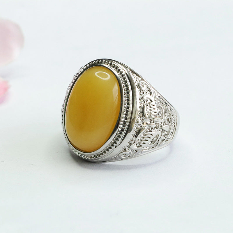 Amber Beeswax Oval Ring with Wide Retro Design