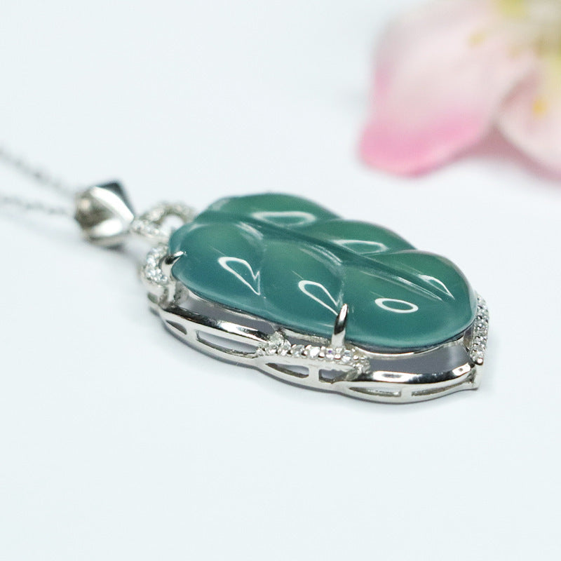 Icy Blue Jadeite Leaf Silver Pendant — No Chain