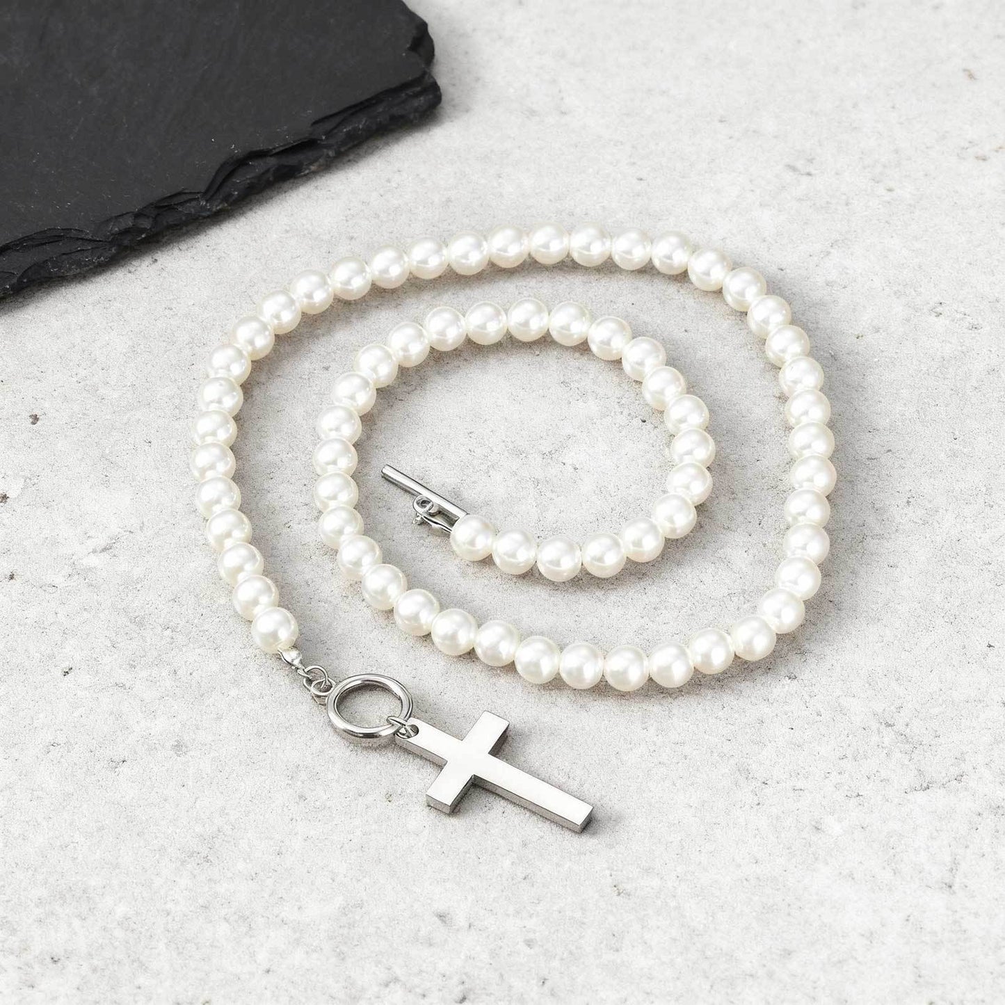 Stainless Steel Kusa Casual Cross Pendant Imitation Pearl Necklace Steel Color