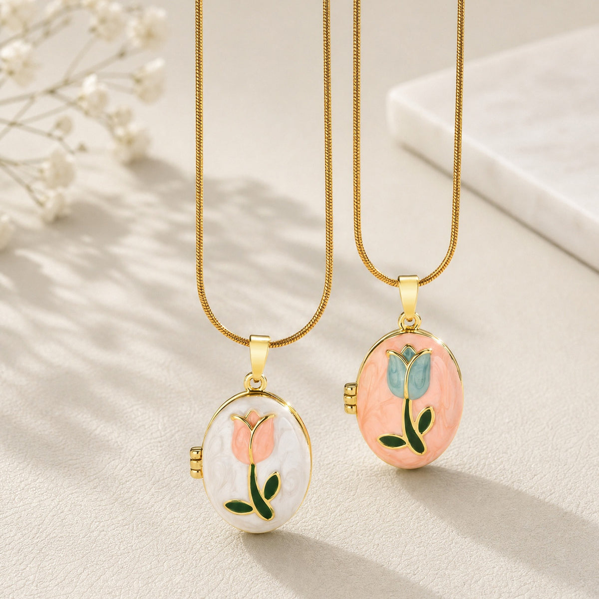Pink & Blue Oil Drop Flower Photo Box Necklace Copper Material Can Be Opened & Closed