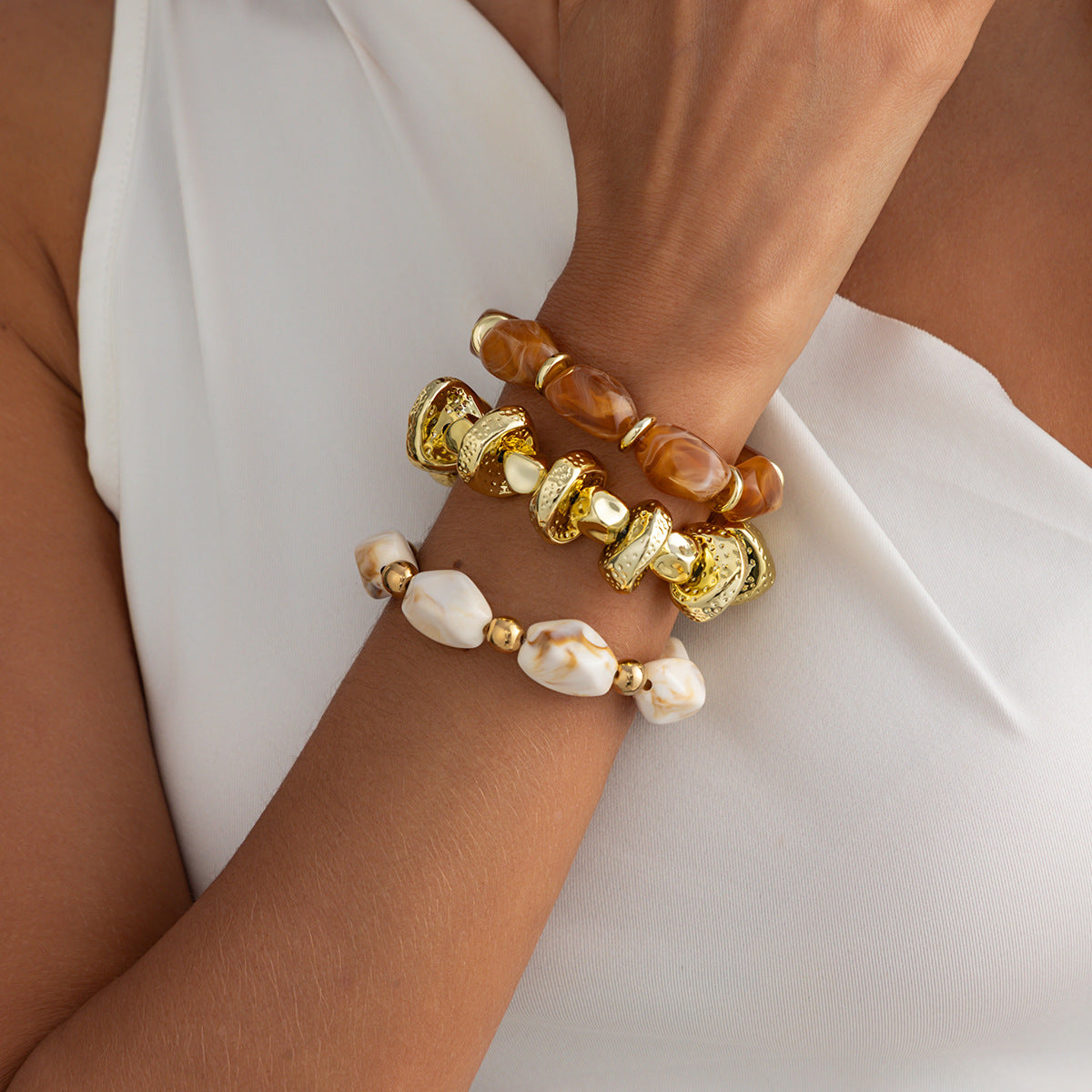 Amber Beaded Stacked Bracelet Knock Pattern Smudge Elastic Bracelet