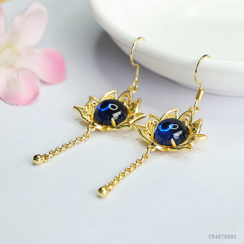 Lab-Grown Blue Spinel Sunflower Tassel Earrings