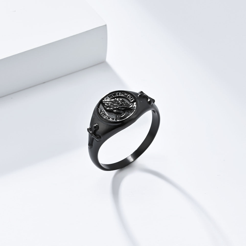 Cross-Border European and American Style Prayer Hand Cross Titanium Steel Ring Men's and Women's Wedding Ring