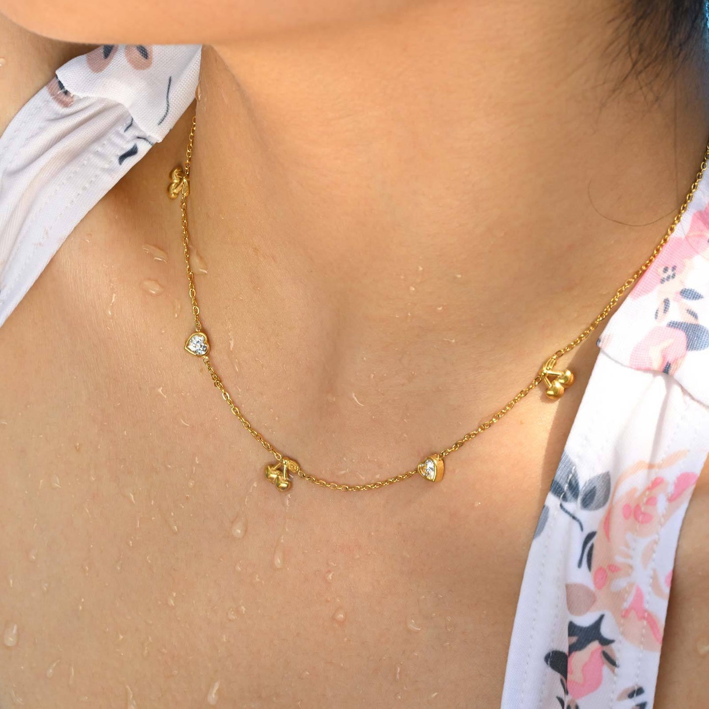 Stainless Steel Heart-Shaped White Zircon Cherry Heart-Shaped White Zircon Bow Necklace