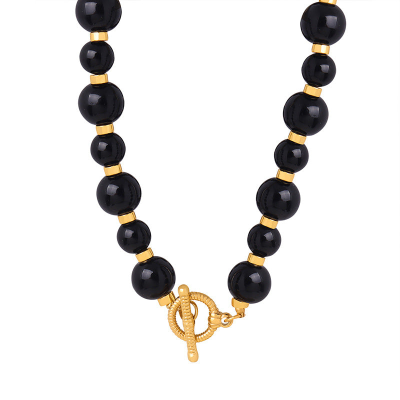 Black Agate Beaded Necklace with OT Buckle - Handcrafted Luxury Jewelry
