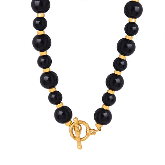 Black Agate Beaded Necklace with OT Buckle - Handcrafted Luxury Jewelry