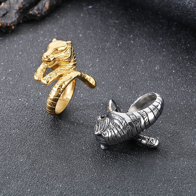 Planderful Zodiac Tiger Head Ring Mens Titanium Steel