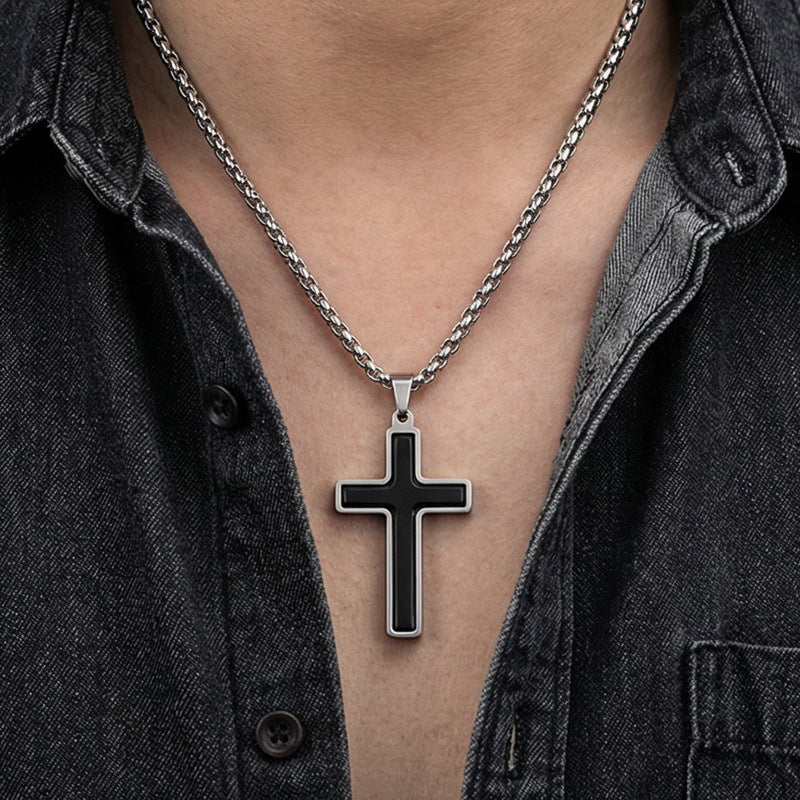Popular Japanese And Korean Retro Rotatable Cross Two-Color Stainless Steel Men's Pendant Necklace