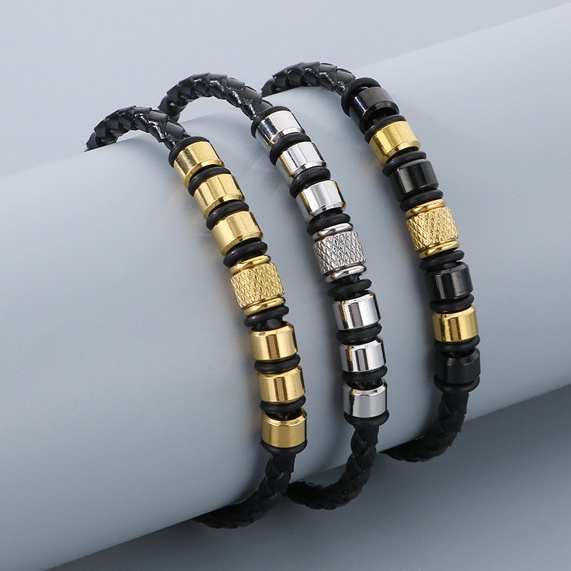 Business Style Men's Leather Rope Bracelet – Stainless Steel Bead Layered Woven Leather