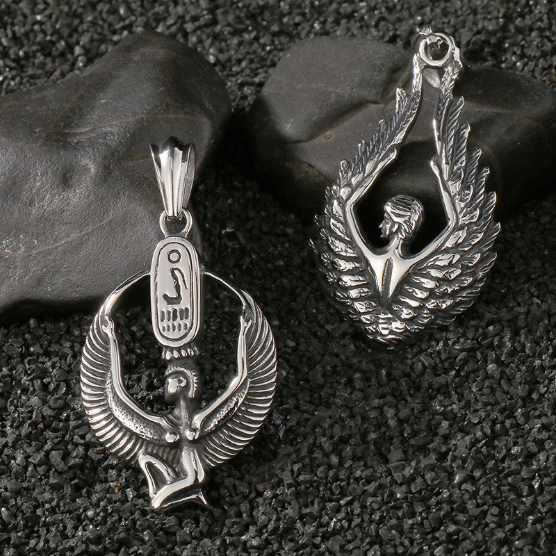 Planderful Retro Mens Titanium Steel Necklace Wings Pendant