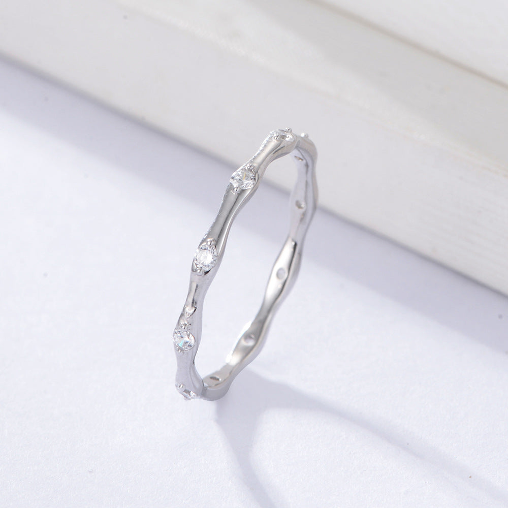 S925 Sterling Silver Geometric Bamboo Ring Japanese Cold Wind Zircon Ring Fine Ring