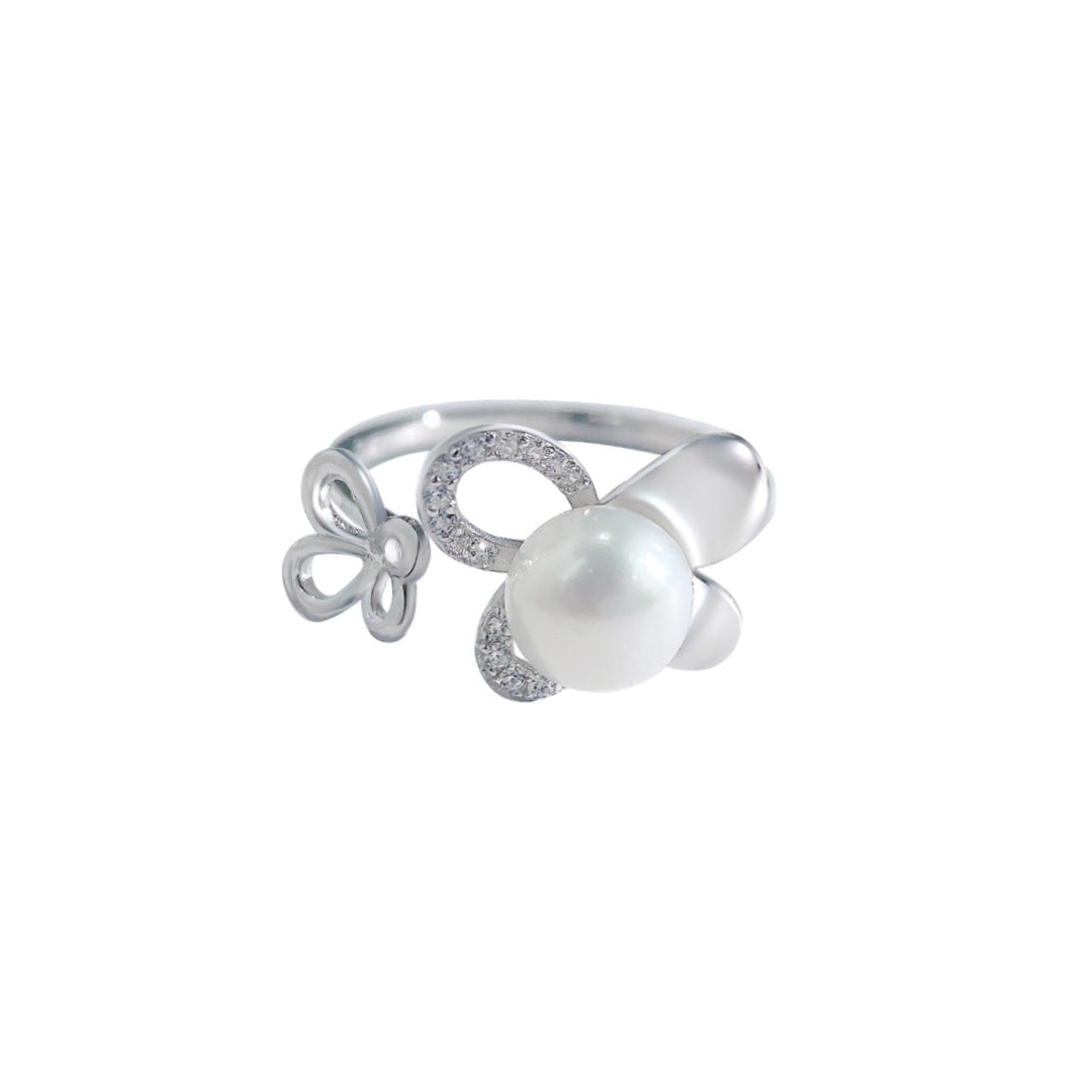 S925 Sterling Silver Freshwater Pearl Butterfly Ring — Adjustable