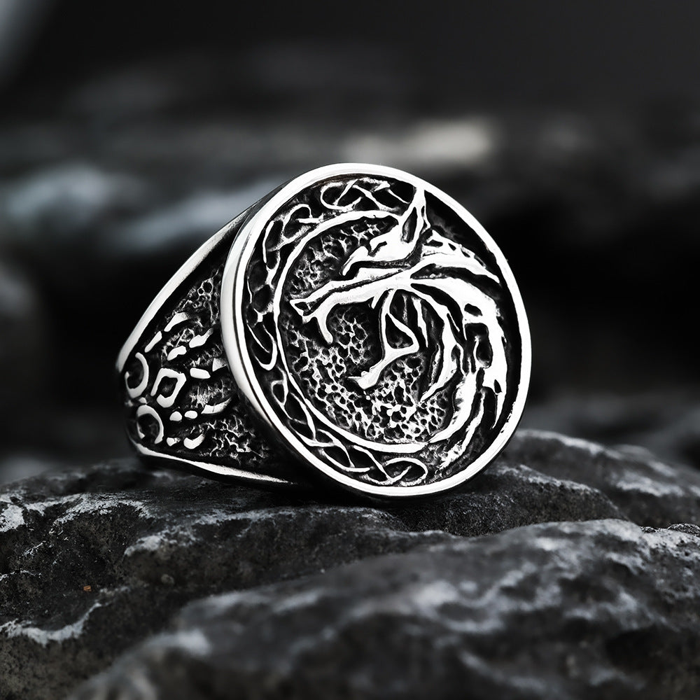 Nordic Vintage Stainless Steel Men's Ring Personalized Viking Pattern Wolf Head Ring