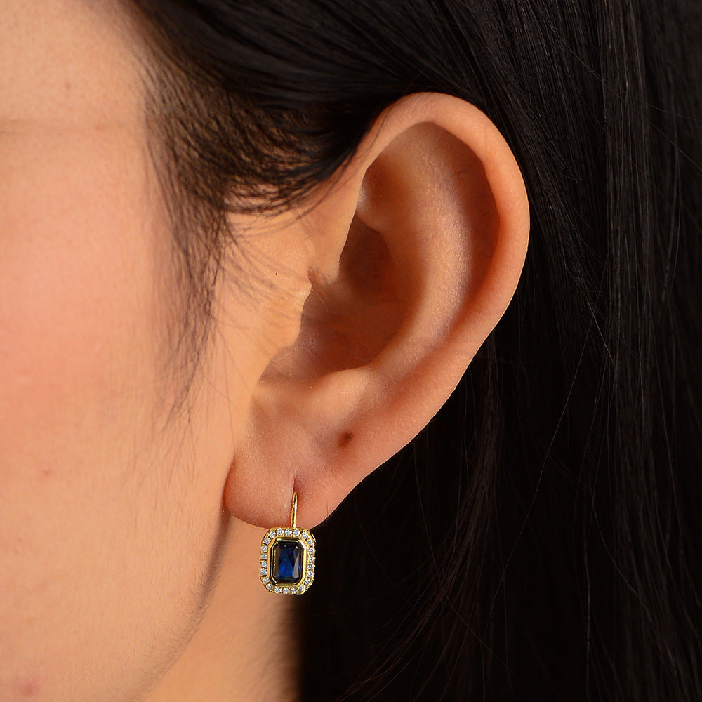Planderful S925 Sterling Silver Zircon Earrings Blue Rectangle Pendant Retro French Style For Fashion Lovers