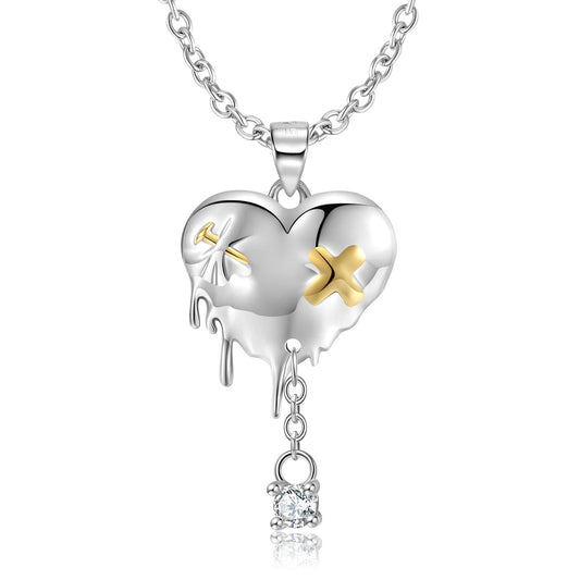 Melted Heart Pendant Tassel Zircon Silver Necklace