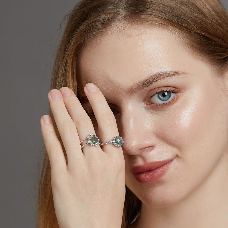 S925 Sterling Silver Moss Agate Sunflower Ring