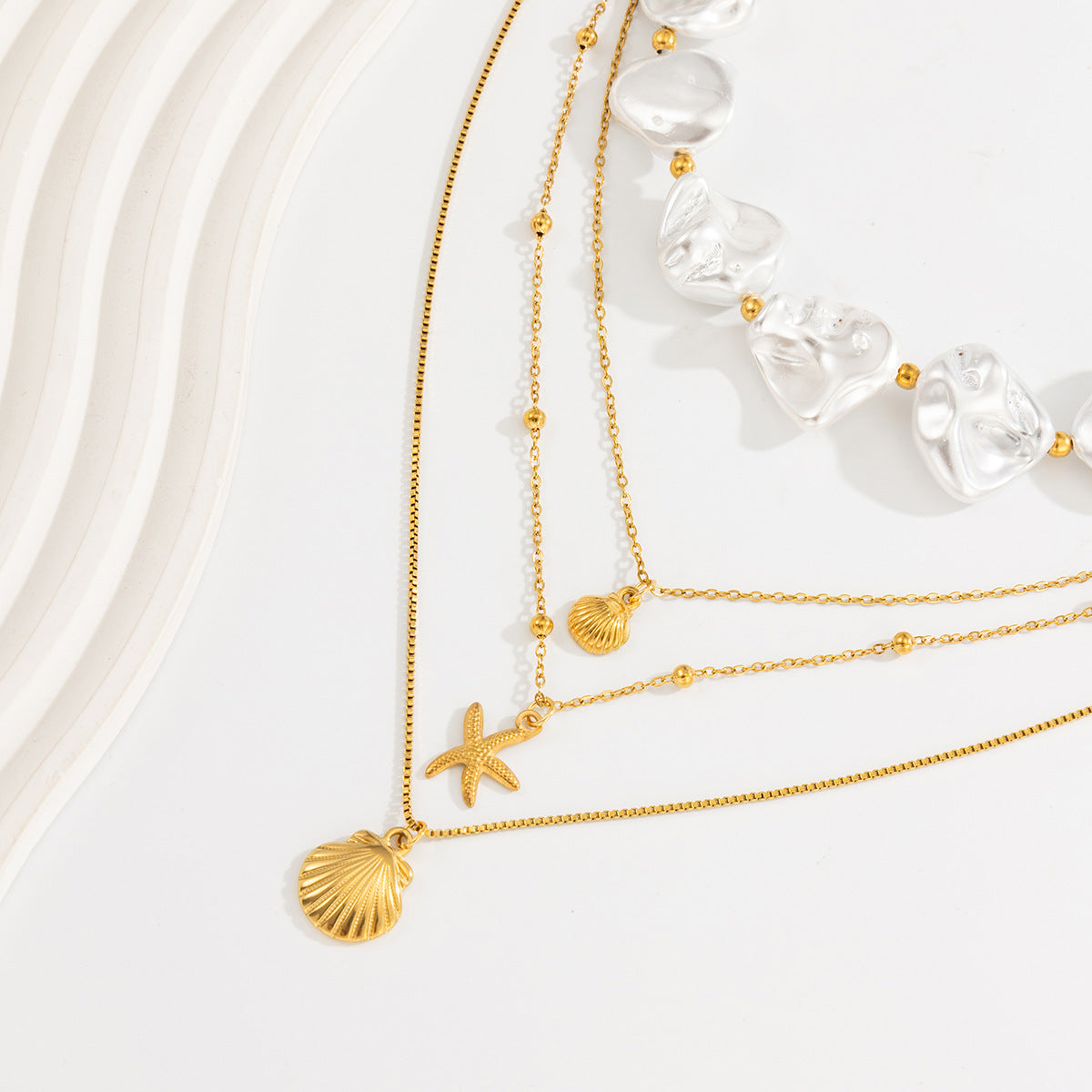 Ocean Special-Shaped Pearl Shell Beaded Necklace Starfish Stacked With Stainless Steel Thin