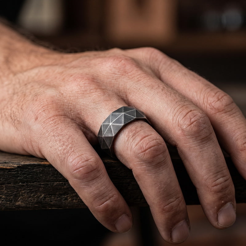 Niche Creative Geometric Ring, Punk Style Retro 8mm Rhombus Cut Stainless Steel Men's