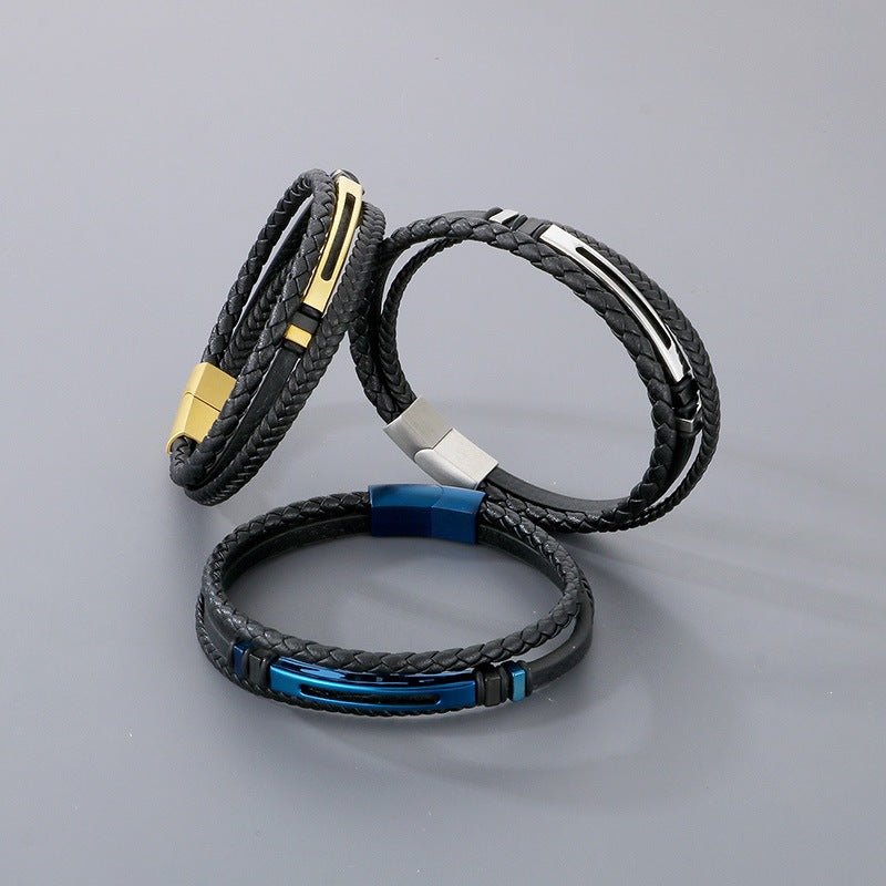 Multi-Layer Leather Rope Bracelet – Black Woven Leather Layered Stainless Steel