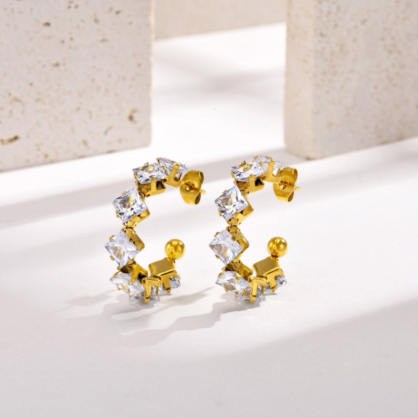 Stainless Steel Plated 18k Gold Rhombus Zircon C Earrings