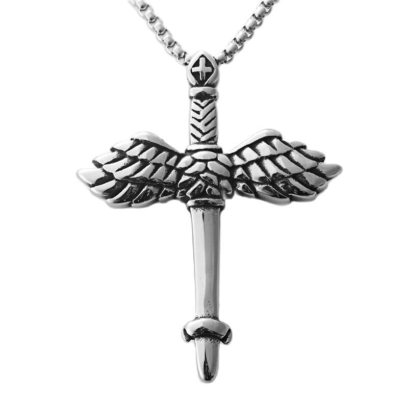 Titanium Steel Winged Sword Cross Pendant Necklace for Men - Retro Punk Style