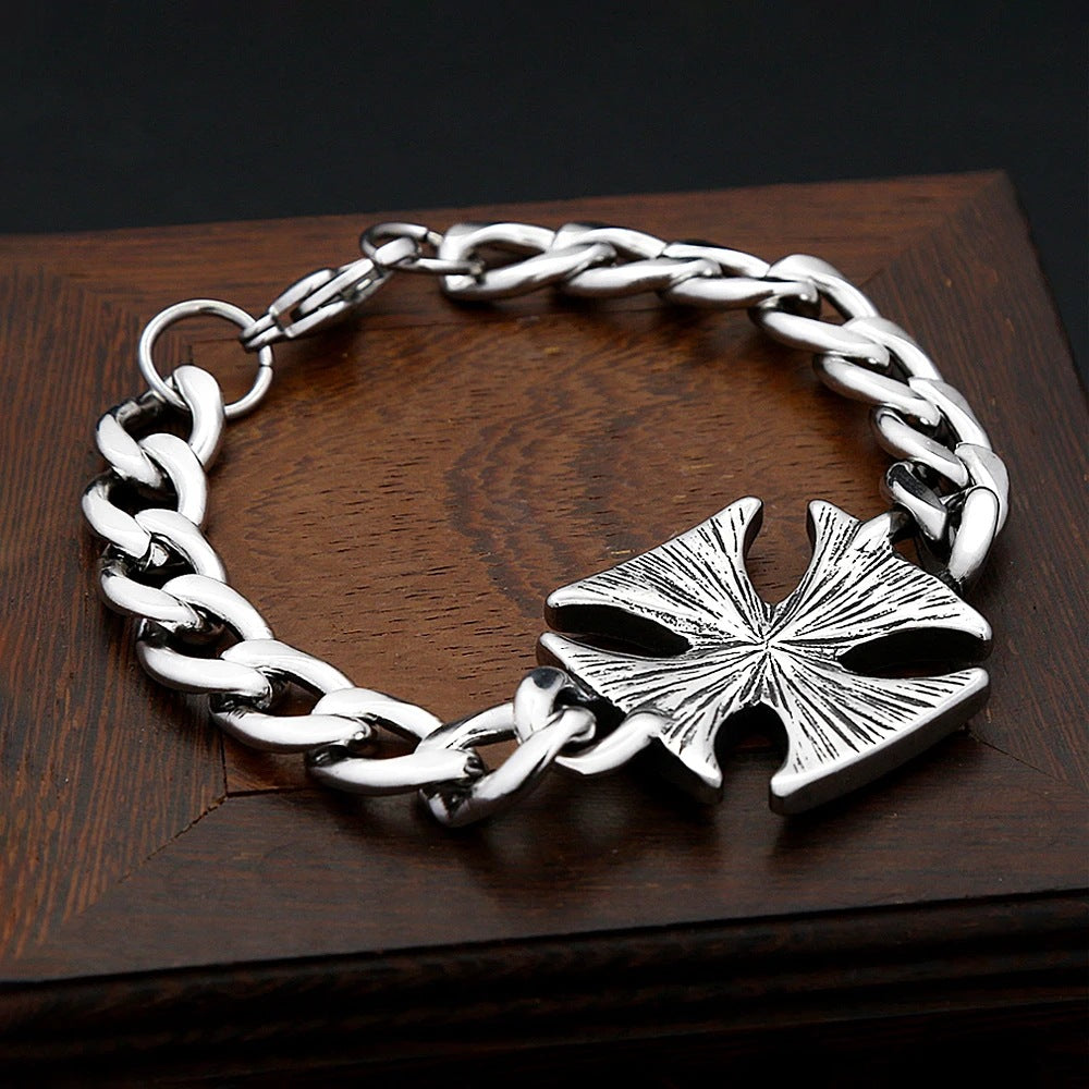 Planderful Vintage Stainless Steel Cuban Bracelet With Black Epoxy Cross For Men