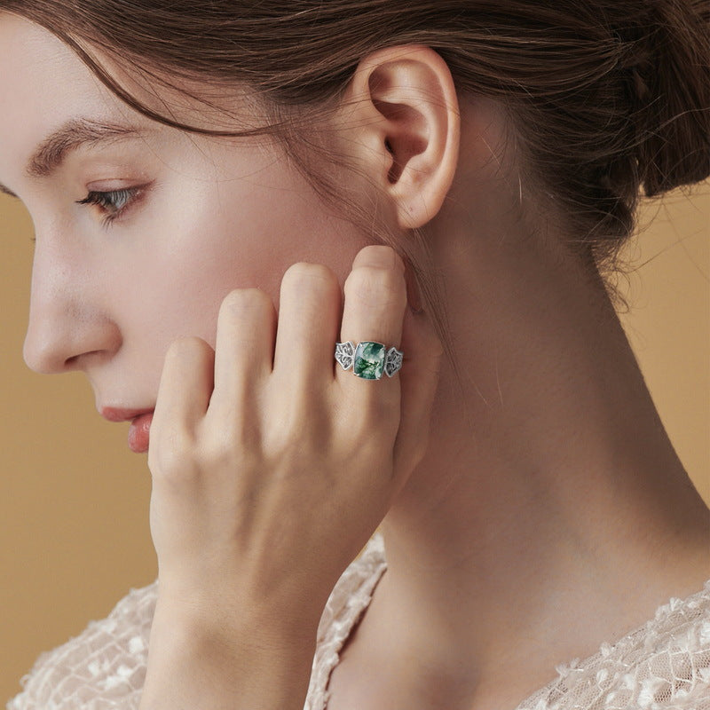 S925 Sterling Silver Moss Agate Adjustable Ring