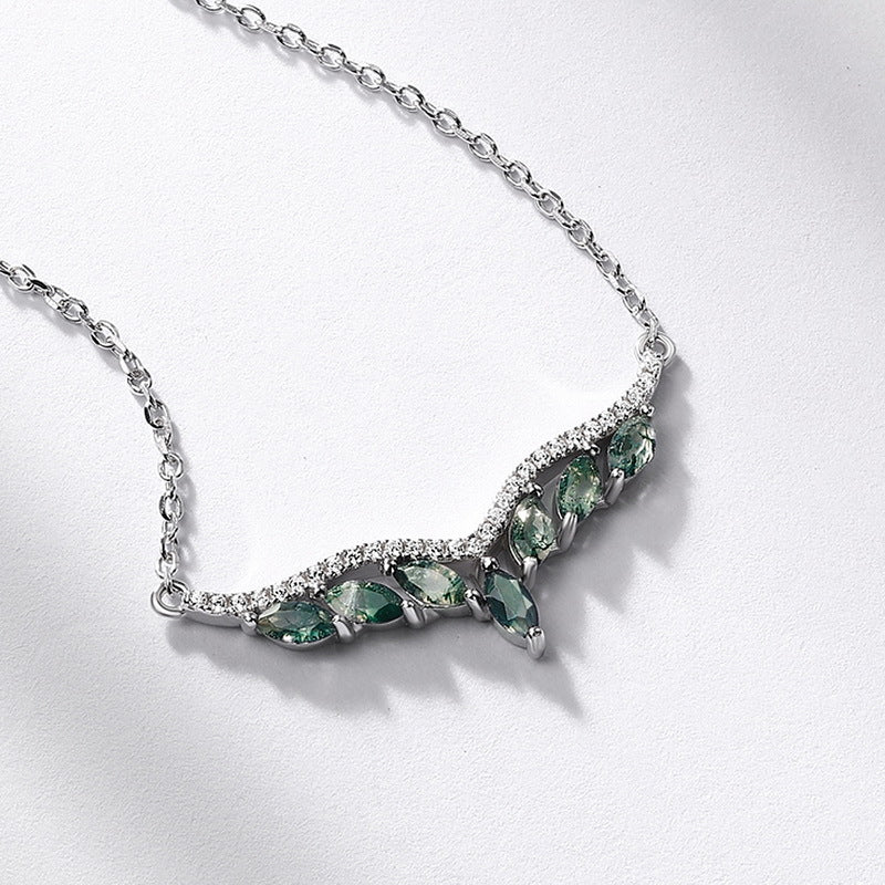 S925 Sterling Silver Moss Agate Angel Wing Necklace