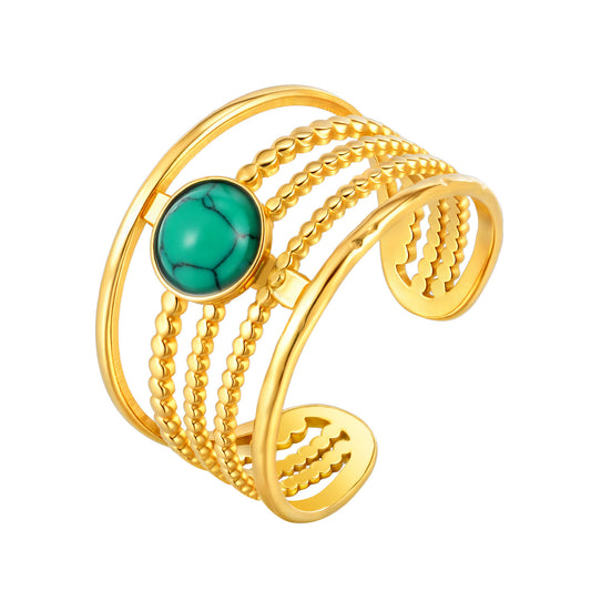 Stainless Steel Turquoise Open Round Plate Ring – Wave Titanium Steel Hand Accessory –