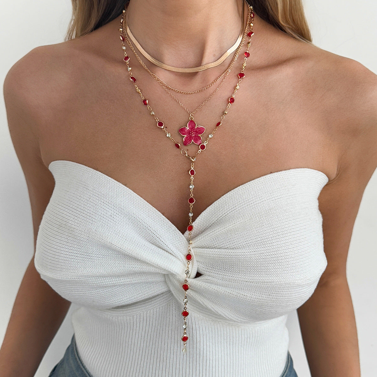 Light Luxury Oil Drip Flower Collarbone Holiday Y-Shaped Colored Zircon Fringed Necklace