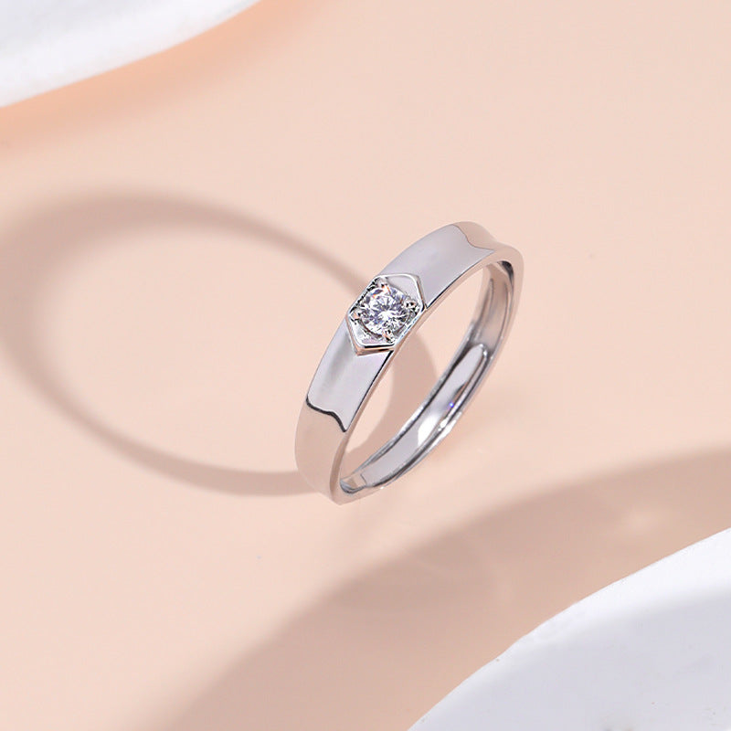 Round Zircon Concave Surface Opening Sterling Silver Ring