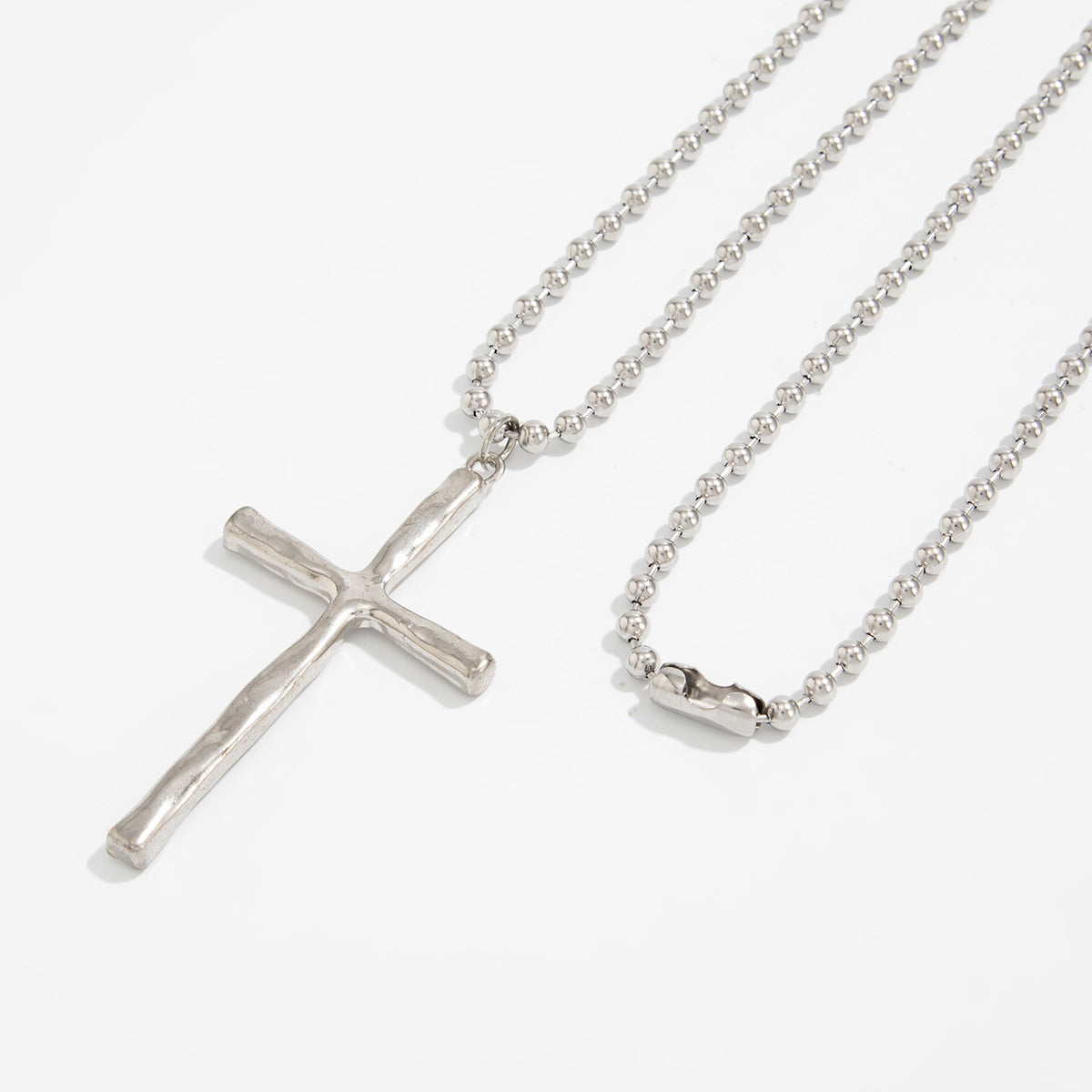 Hammered Cross Long Bead Necklace