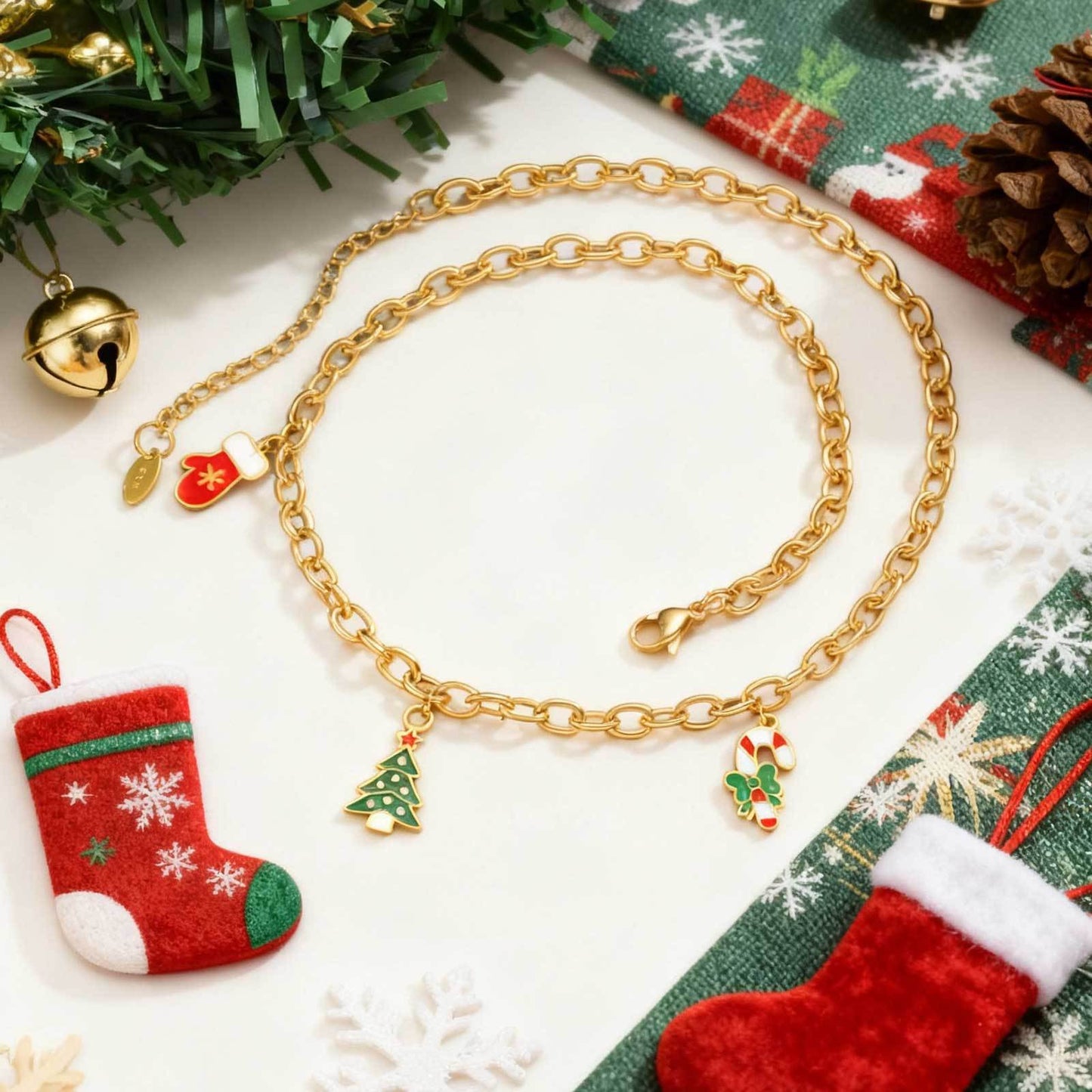 Stainless Steel Necklace Female Christmas Tree Santa Bells Socks Star Bracelet Holiday