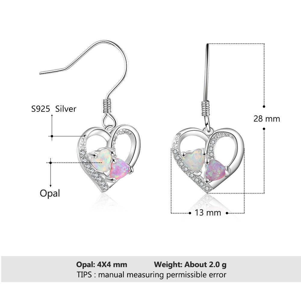 Planderful Jewelry Sterling Silver Opal Heart Earrings With Zircon Drops For Everyday Elegance