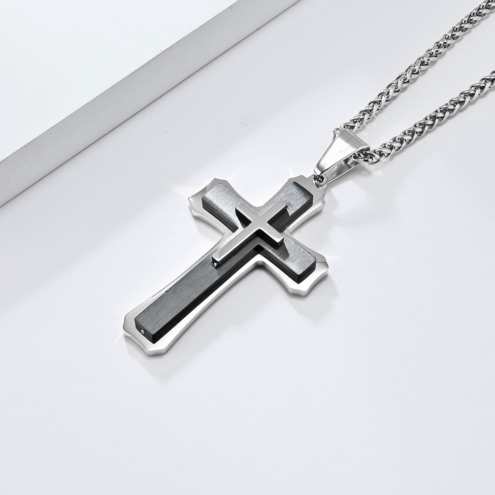 Three-Layer Titanium Steel Cross Pendant Necklace for Men