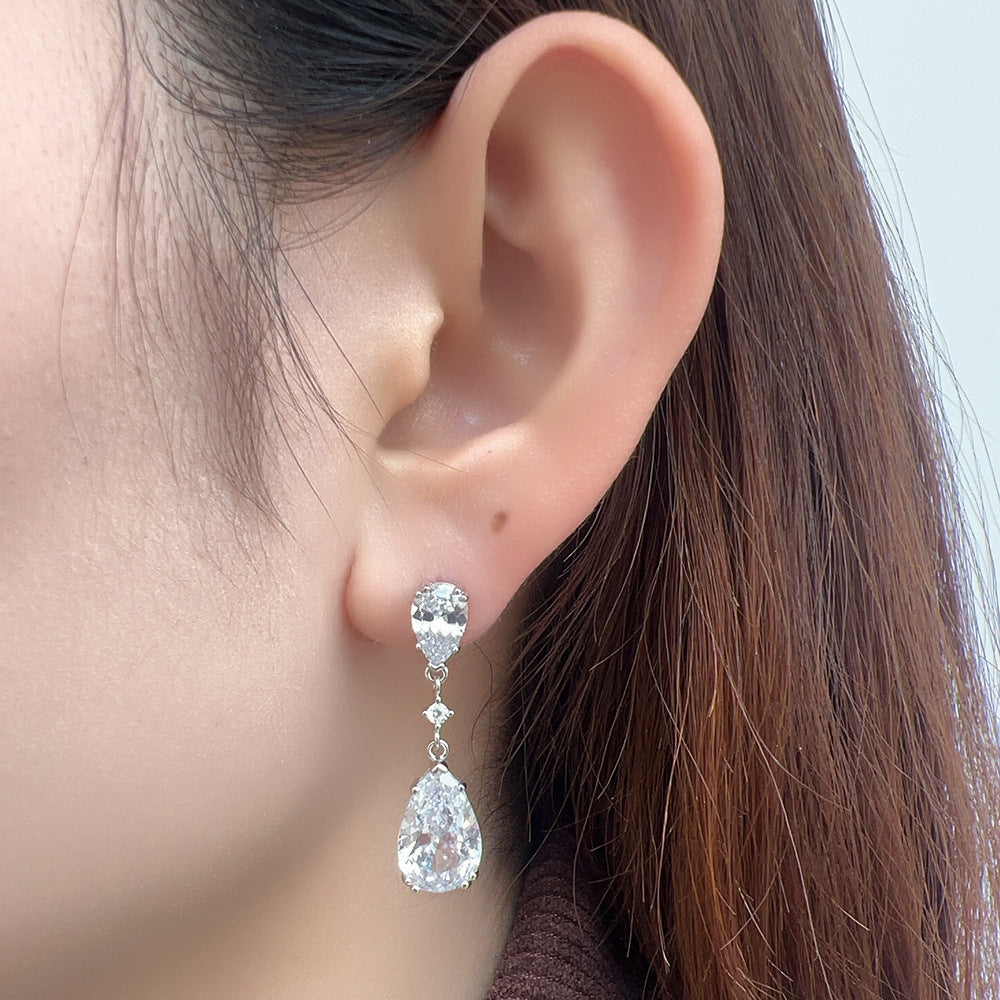 S925 Sterling Silver Water Drop Zircon Earrings, Studs, Luxury Exquisite Geometric Pear-Shaped Long