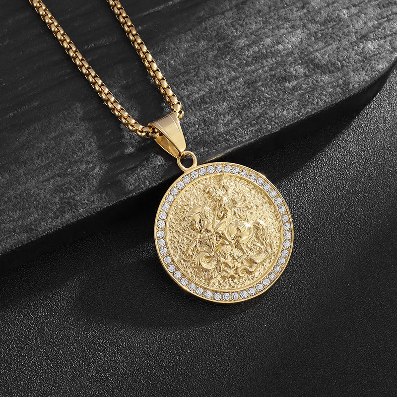 Planderful Hip Hop Necklace Titanium Steel Gold Plated St George Dragon Slayer Pendant For Hip Hop Fans