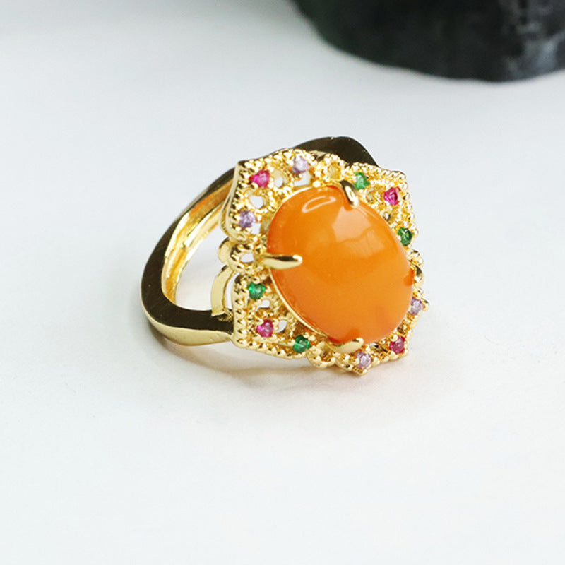 Colorful Zircon Ruyi Ring Needle Sterling Silver Beeswax Amber Ring