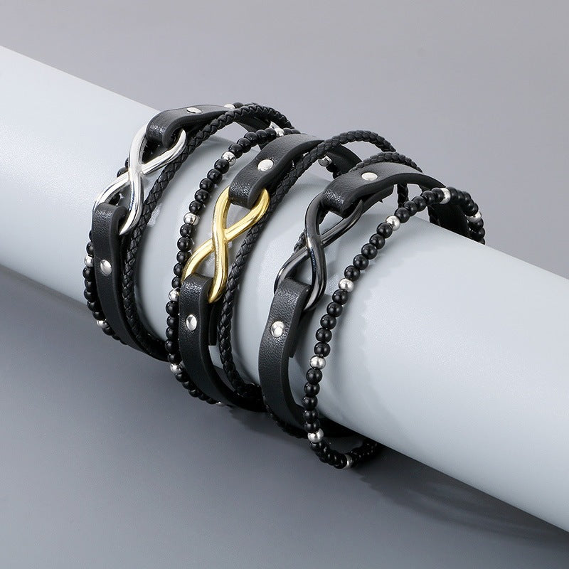 Multi-Layer Woven Leather Rope Men's Bracelet – Titanium Steel Figure-Eight Infinity