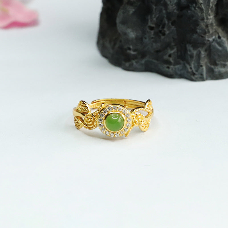 Elegant S925 Silver Natural Hotan Jade Jasper Flower Leaf Zircon Ring