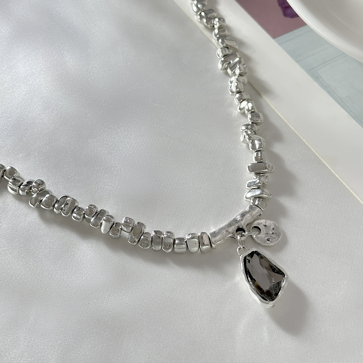 Hammered Cross Gemstone-Style Necklace