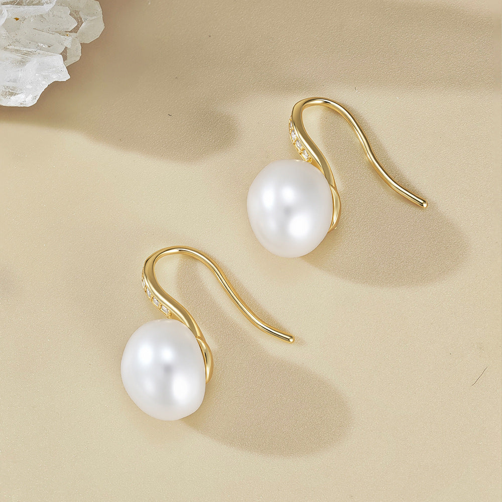 S925 Sterling Silver Natural Freshwater Pearl Earrings Zircon Ear Hook Earrings