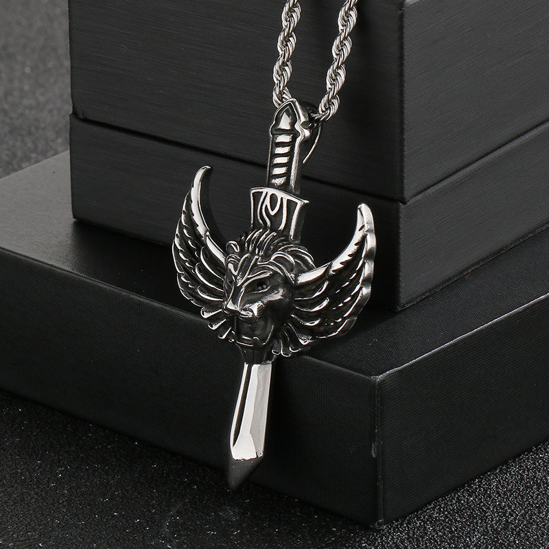 Flying Wings Pendant, Gothic Lion Head Rose Cross Wings Titanium Steel Men's Pendant Necklace