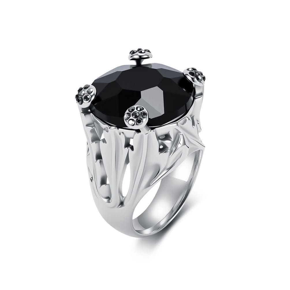 Planderful Black Agate Ring In Four Claw Inlay Unisex Retro Court Style With Protection Statement