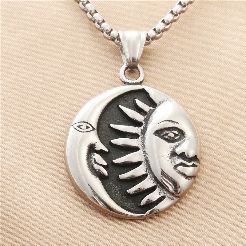 Titanium Steel Retro Sun and Moon God Pendant Necklace for Men - Punk Style Stainless Steel Jewelry