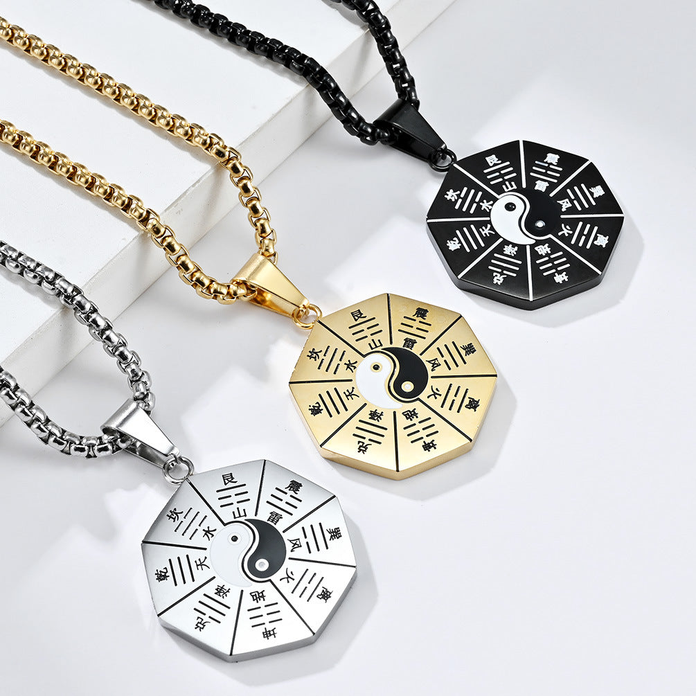 Retro Ethnic Style Taiji Bagua Titanium Steel Pendant Necklace for Men