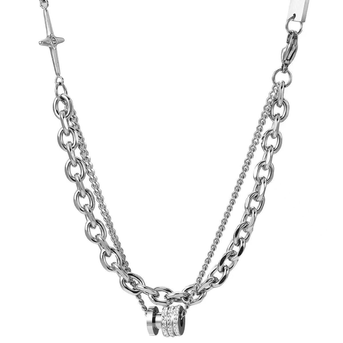 Planderful Jewelry Zircon Transfer Pendant Necklace Titanium Steel Double Layer Clavicle Chain for Men