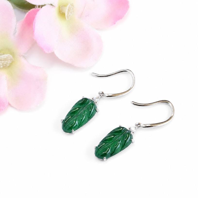 Jadeite Leaf 925 Silver Hook Earrings