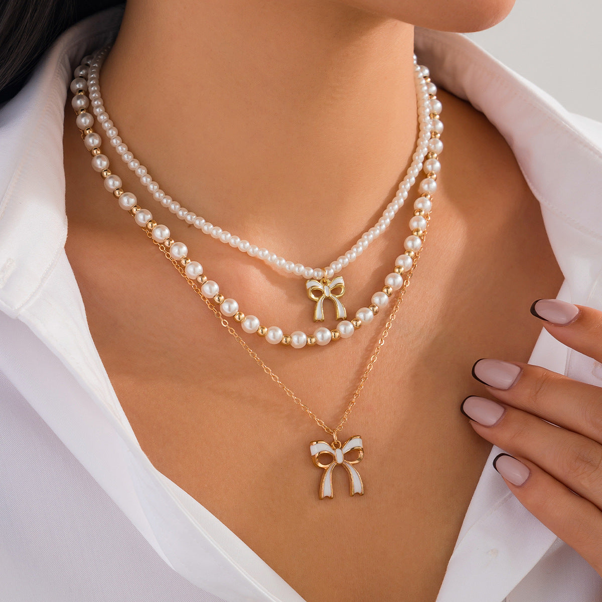Layered Imitation Pearl Bow Tassel Necklace